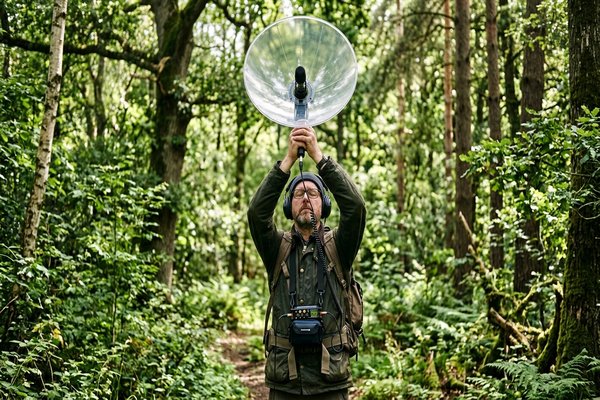 A birder recording audio with a parabolic microphone