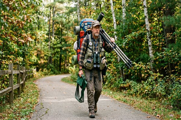 A comically over-prepared birder with too much gear