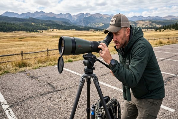 A scope-hauling birder with heavy optics